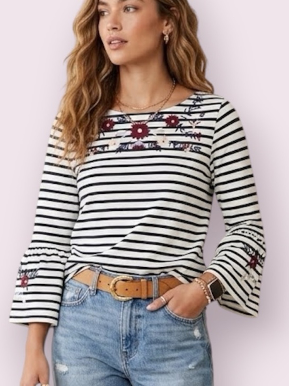 J. Crew Striped Top Floral Embroidery 3/4 Trumpet Sleeve Black White Medium